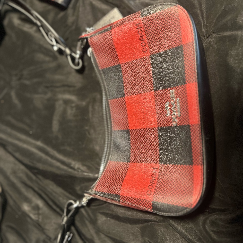 Coach Red and Black Plaid Belt Bag & Wallet